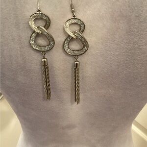 Silver Infinity Tassel Drop Earrings with Sparkle Accents